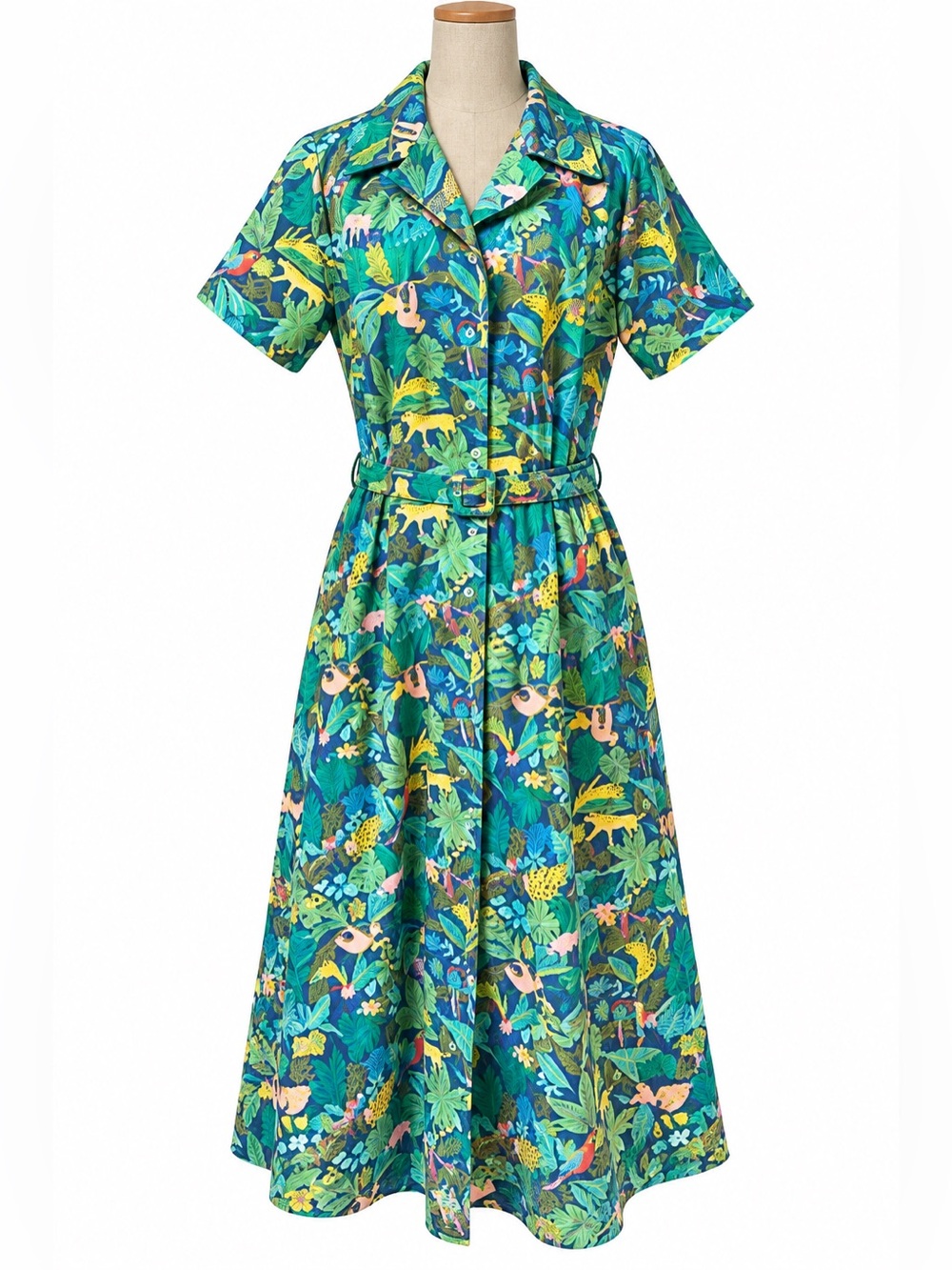 Royal Monk Tropical Jungle Print Shirt Dress Sloth Leopard Parrot Cotton L Pinup